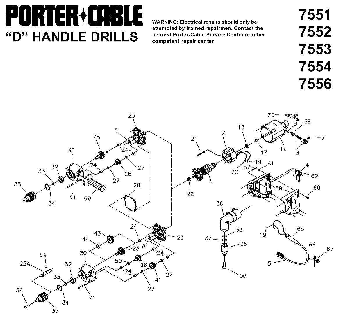 Default Diagram and Parts List for J-7554 Type 4 Porter Cable Boring Machine